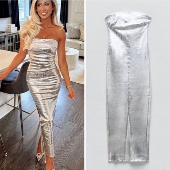 NWT ZARA Strapless Silver Coated Bodycon Midi/Maxi Dress – Shiny Metallic Night- - Picture 1 of 7
